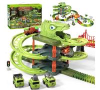 Dinosaur Race Track Toys, Create A Dinosaur World Road Race for Kids Toys, Flexible Track Playset with Three-Level Parking Garage and Dinosaurs Car, Birthday for Boys Girls Ages 3-12