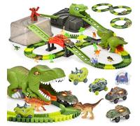 Dinosaur Race Tracks for Kids Toys - Create A Dinosaur World Road Racing Railway with 5 Pcs Cars, Flexible Train Track Playset with Storage Box, Birthday Party Gift for 3 4 5 6 Boys Girls