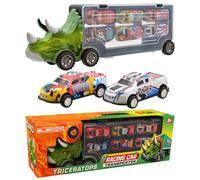 Dinosaur Racing Car Transporter Toy Vehicle Set with Triceratops Head 6 Bright Mini Cars Dino Racers Truck Imaginative Play for Kids Colourful Animal Theme Power Graphics