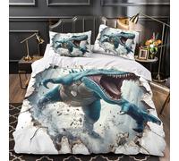 Dinosaur Roar 3D Digital Print Duvet Cover Set 3pcs Ultra-Soft Microfibre Skin-Friendly Fantasy Quilt Cover 2 Pillow Shams Zippered Closure Machine Washable Kids Teens Room Single (135x200cm)