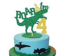Dinosaur Roar I'm 4 Dinosaur Cake Topper,Green Glitter Fierce T-Rex Birthday Decor Cake Decoration for Boys Girls 4th Birthday Party