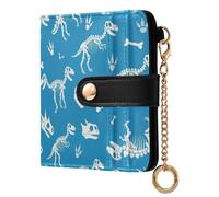 Dinosaur Skeleton Blue Pattern Small Women Wallet PU Leather RFID Blocking Bifold Compact Card Holder with Coin Pocket Zipper Purse for Girls Women Ladies