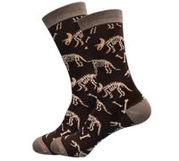 Dinosaur Skeleton Fossil Print Crew Socks, Dark Brown, UK Adult Size 7-10, Mens Dinosaur Gift