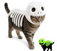 Dinosaur Skeleton Glow in Dark Cat Costume, Plush Halloween Pet Hood Outfit (XL)