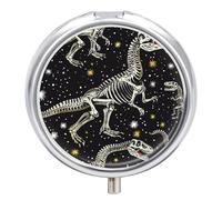 Dinosaur Skeleton Pill Box 3 Compartment Travel Pill Organizer 3 Times A Day Cute Mini Pill Case for Purse & Pocket Portable Metal Medicine Box with Mirror Round Daily Medicine Vitamin Container