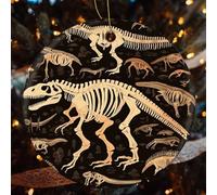 Dinosaur Skeleton Print Ceramic Christmas Ornaments - 4 Pcs Rustic Round Xma Tree Decor with Hanging String, Personalized Vintage Double-Sided Holiday Party Decorations for Xmas Gifts