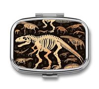 Dinosaur Skeleton Print Pill Box 2 Compartment Portable Travel Pill Case with Mirror Square Metal Medicines Storage Container Pocket Medicine Box to Hold Vitamins Fish Oil