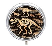 Dinosaur Skeleton Print Pill Box 3 Compartment Portable Travel Pill Case with Mirror Round Metal Medicines Storage Container Pocket Medicine Box to Hold Vitamins Fish Oil