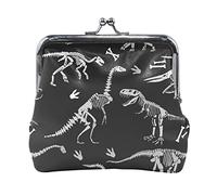 Dinosaur Skeletons Seamless Grunge Pattern on Black Women Leather Mini Buckle Coin Purse, Clasp Kiss Lock Closure Card Key Change Wallet for Women Girls Men Girl