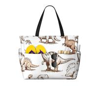 Dinosaur Sketch Beach Bag for Women Cute Waterproof Beach Tote with Zip Lightweight Overnight Shoulder Shopping Swimming Bag Summer Holiday Gifts