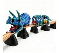 Dinosaur Skull and Skeleton Tunnel Expansion Add-On Compatible with 40mm Standard Wooden Railway Systems, Creative Triceratops Track Scenery and Diorama Decoration for Collectors (Green)