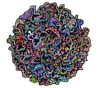 Dinosaur Stickers, 100-Piece Waterproof Neon-Style Die-Cut Decal Pack | Multicoloured Artwork On Dark Backgrounds, For Scrapbooks, Crafts, Laptops, Bottles, Luggage, Phone Cases And Bikes