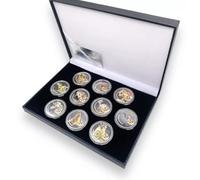 Dinosaur T-Rex & Many More x10 Silver Plated Dpmouble Sided Commemorative Coins In Display Box