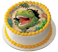 DINOSAUR T-REX Premium Quality Edible Large 7.5 Inch Round Icing Cake Topper - Text can be Customizable - Make Celebrations Memorable with Our Charming Cake Toppers JURASSIC DINO PARK PARTY D2
