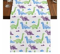 Dinosaur Table Runner, Cartoon Graffiti Green Blue Purple Animal Small Mountain Cotton and Table Linen Runner for Kitchen Dining Home Decor for Party Festival Holiday Decoration Gift 13x48in