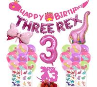 Dinosaur Theme 3rd Birthday Decorations - 35 Pcs Pink Happy Birthday Banner Three Rex Letter Brachiosaurus Bowknot Foil Balloon Dinosaur Printed Balloons for Kids Birthday Party