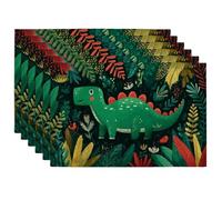 Dinosaur Theme Placemats, Green Cartoon Forest Place mats for Kids Dining Table, Non-Slip Washable Indoor Outdoor Party Decorative Placemat Set of 6