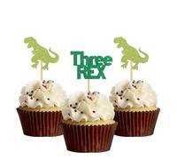 Dinosaur Three Rex Cupcake Toppers - Girls Children Boys 3rd Birthday Cupcake Toppers - Dino Themed Three Years Old Birthday Party Decorations Green Glitter - 24 Pcs
