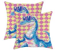 Dinosaur Throw Pillow Covers Fashion Rhombus Plaid Funny Cool Pastel Aesthetic Pink Blue Yellow Velvet Soft Decorative Washable Couch Office Room Dorm Indoor Zippered Square Pillow Covers 18x18inch