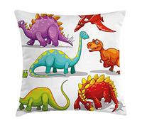 Dinosaur Throw Pillow Cushion Cover, Colorful Funny Different Dino Themed Friendly Wildlife Extinct Animals Ice Age, Decorative Square Accent Pillow Case, 18 X 18 Inches, Multicolor