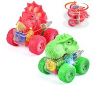 Dinosaur Toy Cars for Kids, 2 Pack Monster Trucks 360° Rotation Friction Powered Off-road Vehicles Inertia Toy Cars, Pull Back Cars with Light, Christmas Birthday Gifts for 3+ Years Old Boys Girls