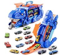 Dinosaur Toys for 3 4 5 6 Years Old Boys, Carrier Transporter Truck Toys, Foldable Race Track with 10 Die-Cast Cars, Transforms into Dino, Toddler Car Chrimas Birthday Gifts for Kids Age 3-6 (Blue)