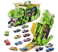 Dinosaur Toys for 3 4 5 6 Years Old Boys, Carrier Transporter Truck Toys, Foldable Race Track with 10 Die-Cast Cars, Transforms into Dino, Toddler Car Chrimas Birthday Gifts for Kids Age 3-6 (Green)