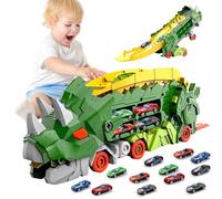 Dinosaur Transport Truck Toy Cars For Kids With 12 Mini Racing Cars, 3-in-1 Portable Dinosaur Racetrack Truck Toy For Boys Age 3 4 5 6 7