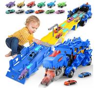 Dinosaur Transport Truck Toys for Kids, Race Track Truck Carrier with 12 Race Cars, Transforms into Stomping Dinosaur Hauler Track Dinosaur Toys for Boys Girls Age 3 4 5 6 7 8