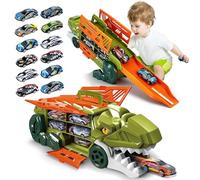Dinosaur Transporter Truck Toys with 12 Race Cars for Boys Age 3-8, Foldable Monster Sliding Race Track Car Set, Portable Transforms into Dino Carrier Vehicle Gifts for Kids Toddler Boy Girls (Green)