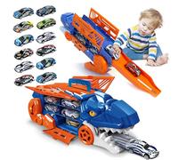 Dinosaur Transporter Truck Toys with 12 Race Cars for Boys Age 3-8, Foldable Monster Sliding Race Track Car Set, Portable Transforms into Dino Carrier Vehicle Gifts for Kids Toddler Boy Girls (Blue)