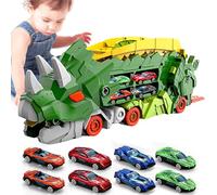 Dinosaur Transporter with Foldable Slide Rail Portable Swallowable Turns Into Standing Triceratops 25" Race Track with 4, 8 or 12 Diecast Cars | Funny Toys