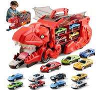 Dinosaur Truck Toy with Foldable Sliding and Ejection Folding Track, Portable Transport Set with 12 Alloy Cars for Kids, Great for Christmas and Birthday Gifts