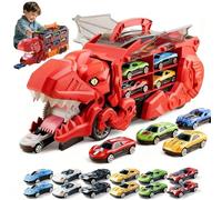 Dinosaur Truck Toy with Foldable Sliding and Ejection Folding Track, Portable Transport Set with 12 Alloy Cars for Kids, Great for Christmas and Birthday Gifts