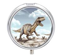 Dinosaur Walking Pill Box 3 Compartment Portable Travel Pill Case with Mirror Round Metal Medicines Storage Container Pocket Medicine Box to Hold Vitamins Fish Oil
