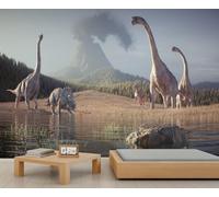 Dinosaur Wall Mural Ancient Forest Volcano Eruption Mural Dinosaur World Wallpaper Large-Scale Landscape Murals for Living Room Bedroom Children's Room 365 x 254 cm