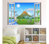 Dinosaur Wall Sticker - Cartoon Dinosaur Land with Erupting Volcano Window Wall Decal Kids Art (60cm Width x 40cm Height)