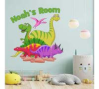 Dinosaur Wall Sticker - Colourful Cartoon Dinosaur Group Personalised Name Wall Decal Kids Art (90cm Height x 85cm Width)
