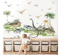 Dinosaur Wall Stickers XXL, Large Dino Wall Art Decals, Self-adhesive Dino Mural Decorations, Peel and Stick Removable Wall Clings with Dinosaurs Volcano Palm Tree Plants for Girls Boys Kids Baby Room
