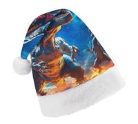 Dinosaur War in G-alaxy Santa Hat Christmas Holiday Party Headwear for Adults Soft Velvet Festive Costume Accessory Child