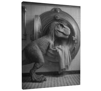 Dinosaur Washing Machine Canvas Wall Art, Black White Print, Fun Home Aesthetic Decor for Living Room, Bedroom, Bathroom, Dorm, Wrapped Canvas 16x20 Inch