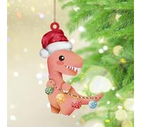 Dinosaur with Santa Hat Lights Hanging Ornaments Jurassic Velociraptor Dino Christmas Tree Ornament Keepsake Little Dinosaur Girls Pink Acrylic Christmas Bauble for Holiday Decoration