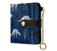 Dinosaurs Bone Blue Pattern Small Women Wallet Leather RFID Blocking Bifold Compact Card Holder with Coin Pocket Zipper Purse for Ladies Girls Women