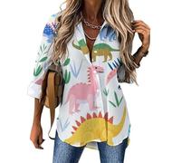 Dinosaurs Colorful Button Down Shirts for Women Long Sleeve Blouses V Neck Tunics Tops Business Casual Top