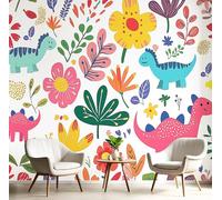 Dinosaurs, Flowers Wallpaper,Mixed Colors Silk Wallpaper 300×210 Cm Durable Easy to Clean, Easy to Install Cartoon Illustration Style Suitable for Bedroom, Living Room, Kitchen, Bathroom Decoration
