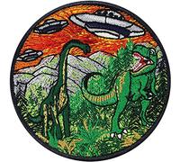 Dinosaurs in Landscape with Flying UFO Sew on Patch - Iron on Patches for Dinosaur Lovers, Sci-FIC Fans, Alien Lovers - Exclusive Emblem for Jackets, Jeans, Backpacks, Hats, Shirts - 80X80 mm