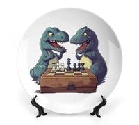 Dinosaurs Playing Chess Bone China Decorative Plate Chinese Style Ceramic Dish with Stand Memorial Gifts for Home Office