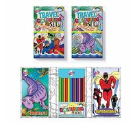 ( ) Dinosaurs & Superheroes Theme Travel Activity Colouring Books 2X 30 Page Books 12 Colouring Pencils Colour Therapy (Dinosaurs & Superheroes)
