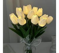 DINOWIN Artificial Tulip Flowers LED Lights Fake Tulips Bouquet Battery Powered Real Touch Led Night Light for Home Office Table Centerpiece Wedding (White, 15 PCS)