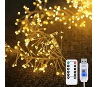 DINOWIN Firecracker Fairy Lights with Remote 19.8Feet 200 LED Cluster Starry Lights USB Powered Waterproof Copper Wire Fairy Light for Wedding Christmas Bedroom Wreath Window Party (Warm White)